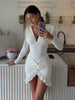Chic Knot Dress Women V-Neck Long Sleeve Ruched Ruffled Hem Skinny Solid Elegant Birthday Simple Classic Mini Bodycon