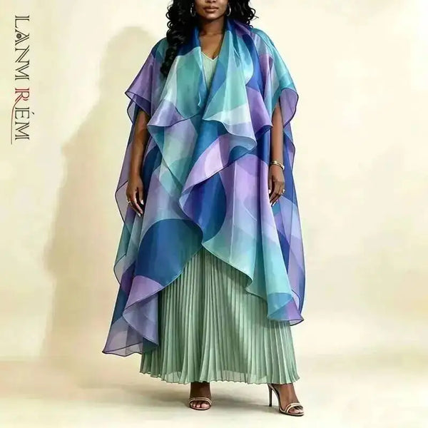 Gradient Print Women's Pleated Two Pieces Set Irregular Cape Overlay Maxi Dress And Wide Leg Pants 2DB7705