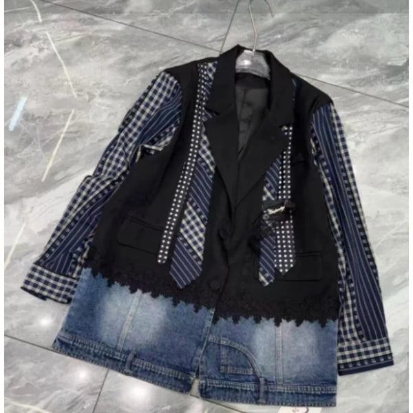Splicing Plaid Denim Blazer Women's Heavy Industry Belt Design Loose Fake Two Pieces Casual Jacket Top