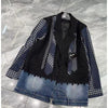 Splicing Plaid Denim Blazer Women's Heavy Industry Belt Design Loose Fake Two Pieces Casual Jacket Top
