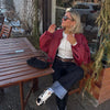 Women Stand Collar Leather Pilot Jacket Red Zipper Cropped Coat Casual Outerwear Streetwear