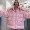 Oversized Printed Thicken Women's Coat With Hooded Loose Full Sleeve Zippers Pocket Cotton-padded Coats Winter Lady Outwear