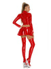 Women Glossy 2-piece PU Leather Club Outfits Long Sleeve Front Zipper Crop Jacket and Pleated Miniskirt Set for Pole Dance Raves