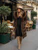 Warm Fur Collar Elastic Waist Hooded Coat Women's Elegant Waist-cinching Zippers Long Cotton Coats Winter Lady Outwear