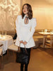 Puff Sleeve Contrast Color Mini Dress Female Retro Elegant Stand Collar Hollow Lace Up A-Line Dress Tight Waist