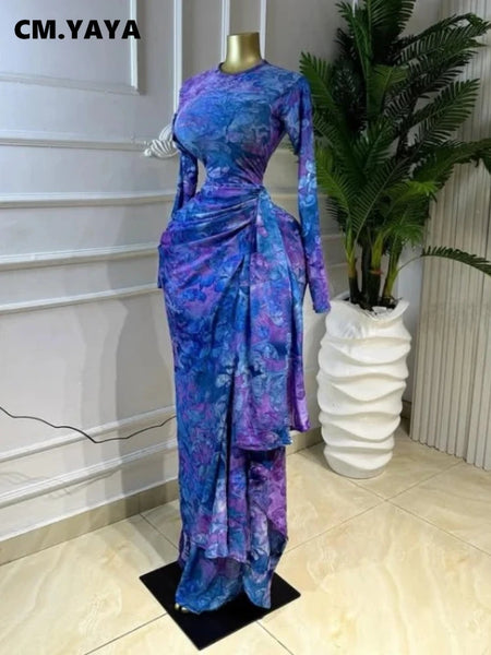 Women Tie Dye Print O-neck Ribbon Long Sleeve Long Dress Street Evening Birthday Club Party Vestidos Sexy Dresses