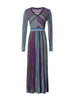 Hit Color Striped Spliced Bright Silk Dresses for Women V Neck Long Sleeve High Waist Knit Dress Female