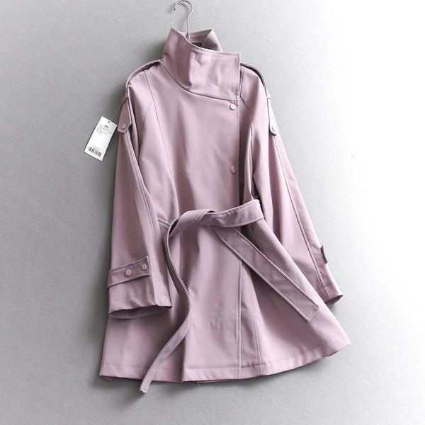 Solid-color England Style Tie-waist Mid-length Coats Long Sleeves Autumn Simple Women's Jackets