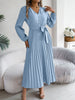 Spring Autumn Elegant Buttons V Neck Lantern Long Sleeve Lace Up Pleated Dress Khaki Blue Red Green Black Women Dresses