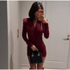 Sexy Burgundy Deep V-neck Mini Dress Women Elegant Full Sleeve Shoulder Pads Pleated Slim Short Dresses Lady Evening Party Gowns