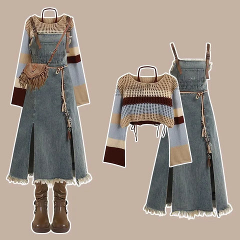Spring Vintage Denim Skirt Matching Set Women's Elegant Loose Hollow Knitted Shirt+Sexy Split Dress Two Piece Suit