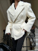 Women White Fuzzy Wool Blazer Notched Lapel Double Breasted Fluffy Thick Winter Elegant Coat