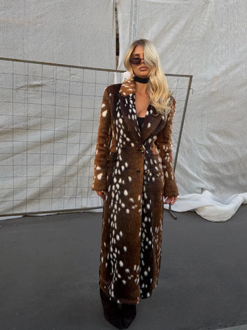 Vintage Deer Spot Faux Fur Long Coat Women Elegant Lapel Collar Single Breasted Maxi Outerwear Winter Warm Street Overcoats