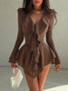 Irregular Hem Dress Women Tierred Y2K Flare Sleeve V-Neck Bandage Stretch Elegant Birthday Party Chic Hipster Bodycon