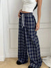Plaid Pants for Women, High Waist Drawstring Wide Leg Trousers, Casual Streetwear Lounge Pants