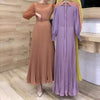 Pleated Dress Women Long Dresses A Line Round Neck Long Sleeve Party Maxi High Waist Belt Slim Sexy Elegant Splice Vestidos