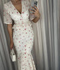 Women White Floral Print Maxi Dress V Neck Puff Sleeve Peplum Waist Fishtail Hem Chiffon Robe Elegant Party Wedding Guest Gown