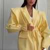 Women's Blazer with Style Spring Autumn European Elegant Commuter Look with Waist-Tie Belt Padded Shoulders