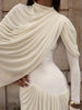 Elegant Shawl Dress Women Classic Basics Ruched O-Neck Full Sleeve Chic Stretch Skinny Party Banquet Activity Outfits