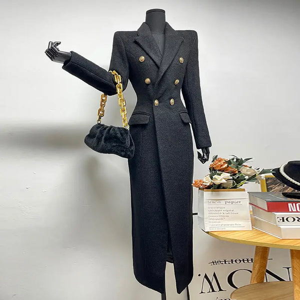 Women's Black Long Wool Coat Autumn Winter Tweed Jacket Lapel Double-Breasted Elegant Fitted Long Outerwear