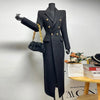 Women's Black Long Wool Coat Autumn Winter Tweed Jacket Lapel Double-Breasted Elegant Fitted Long Outerwear