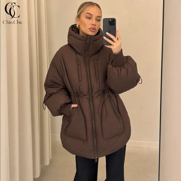High Collar Puffer Women's Winter Coat Drawstring Waist Cinched Padded Jacket Thick Loose Casual For Ladies Streetwear Parka
