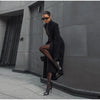 Black Tailored Long Coat Women Elegant Asymmetric Button Front Pockets Full Sleeve Criss-cross Neck Jacket Casual Outerwear