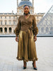 Gold Foil Printing Ruffled Women's Pleated Elegant Pleated Dress Notched Collar Long Sleeve Clothing 2DB7918