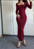 Women Square Neck Long Sleeve Bodycon Midi Dress Solid Color Slim Fit High Stretch Pencil Dress Elegant Club Party Evening Long