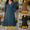 Elegant Women's Pleated Midi Dress Casual V-Neck 3/4 Sleeve Button Up A-Line Dresses Office Commuting Wear Woman Clothing