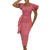 Women Short Ruffles Sleeve O-neck Ribbon Bodycon Midi Dress Street Africa OL Evening Sexy Party Dresses Vestido
