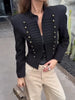 Women's Black Military Cropped Blazer Padded Shoulders Jacket Coat Vintage Stand Collar Gothic Elegant Party Streetwear Jackets
