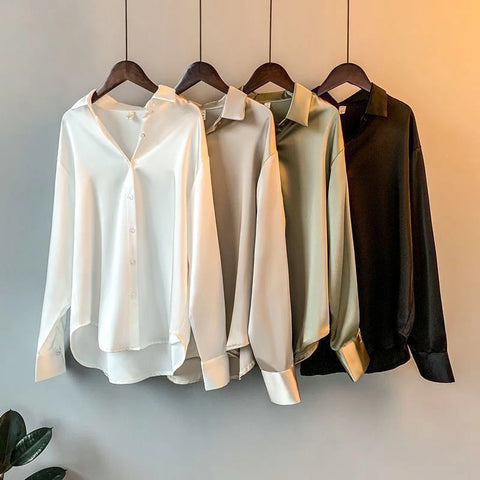 Women Long Sleeve Loose Office Shirts Spring Simple Satin Blouse Vintage Top Dress Shirt Casual Woman Overshirt Clothing