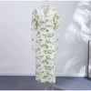 Elegant Ruffle Women's Long Dresses V Neck Half Sleeve Button Waist Cinching Pleated Dress Spring Lady Party Robes