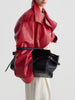 Edgy Faux Leather Cropped Jacket for Women Lapel Snap Button Irregular Pleated Ruffle Hem Long Sleeve Biker Coat