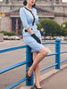 Womens 2/3 Sleeve Elegant Front Button Work Office Knee Length Colorblock Business Casual Vintage Party Bodycon Sheath Dress