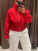 Casual Red Plaid Pattern Jacket Stand Collar Full Zipper Loose Outerwear Autumn Winter Chic High Street Daily Women Outfit