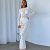 Lace Sheer Maxi Dress, Long-Sleeve Fitted Sexy Pattern Women's Dress, Vintage Birthday Party Evening Long Dresses
