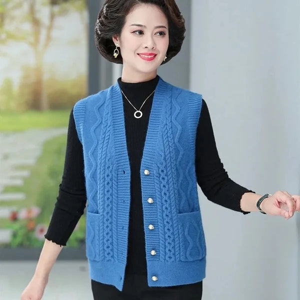 Women Knitted Cardigan Vest Jacket Spring Autumn Solid Color V-Neck Ladies Coat Middle Aged Mother Lady Sweater Waistcoat