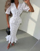 Women White Floral Print Puff Sleeve Blazer Collar Peplum Mermaid Midi Dress Elegant Casual Gown Bridesmaid Wedding Sundress