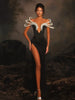 Women Celebrity Sexy Off Shoulder Pearl Black Maxi Long Bandage Bodycon Dress Elegant Evening Club Party Outfit