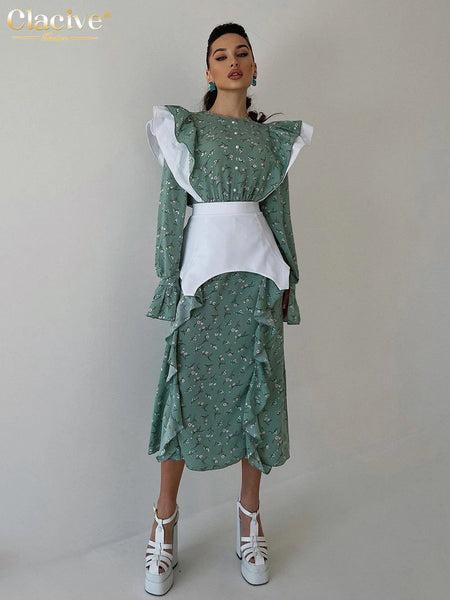 Elegant Loose Slim Womens Dress Casual O-Neck Long Sleeve Office Midi Dresses Ruffle Patchwork Female Dress