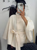 Women's Brown Belt Cropped Poncho Jacket For Women Demi-season Button Cape Cloak Coat Jackets Winter Autumn Spring Black White