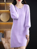 Autumn Winter 100% Mink Cashmere Knit Long Skirt Women Scoop Neck Knee-length Dress Casual Warm Jumper Cashmere Base Shirt Top