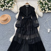 French Vintage Lace Embroidery Patchwork Velvet Dress Women Long Lantern Sleeve Pearl Buttons Lace Up Wedding Party Prom Vestido