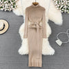 Turtleneck Sexy Wrap Hips Knitted Dresses Women Autumn Winter Long Sleeve Bodycon Sweater Dress with Belt