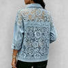 Women's See-Through Lace Patchwork Denim Jacket Casual Loose Button Up Jean Coat Long Sleeve Streetwear Outerwear Coat