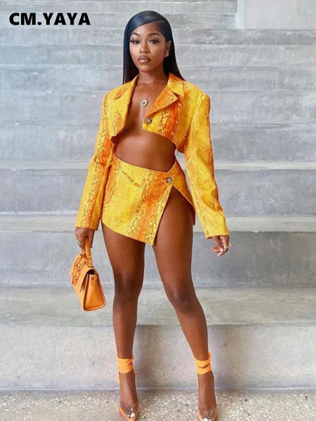 Women Serpentine Button Up Side Split A-line Mini Skirt Suit and Blazer Top Two 2 Piece Set Outfits Autumn Clothing