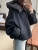 Solid Wool Coat Women Casual Hooded Y2k Loose Zipper Blends Cardigan Full Sleeved Thick Warm Outwear Jackets Autumn Winter