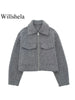 Women With Pockets Grey Front Zipper Jackets Vintage Lapel Neck Long Sleeves Female Chic Lady Outfits